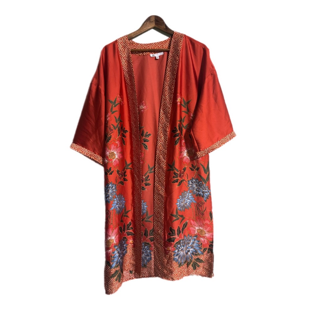 DR2 Kimono Duster Women S/M Red Floral Open Front Geometric Trim‎ Excellent